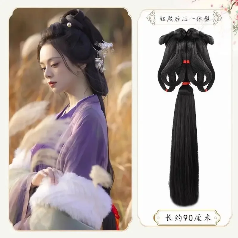 تأثيري Hanfu الباروكات النساء السود القديمة الصينية Hanfu الباروكات القبعات اكسسوارات Hanfu طويل مستقيم الباروكات شعر مستعار أسود غطاء الرأس