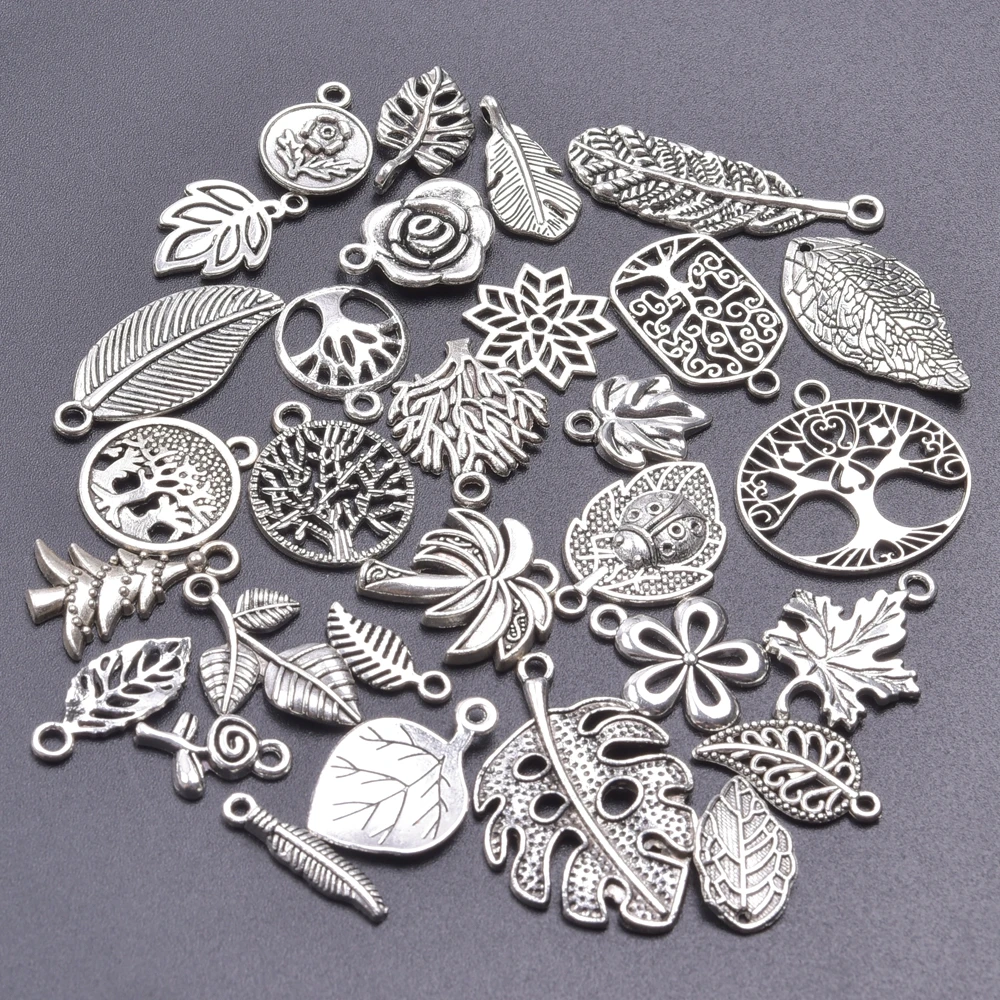 30/60pcs Tibetan Silver Mixed Pendant Leaf Charms Beads for Jewelry Making Bracelet DIY Earrings Necklace DIY Craft Art Charm