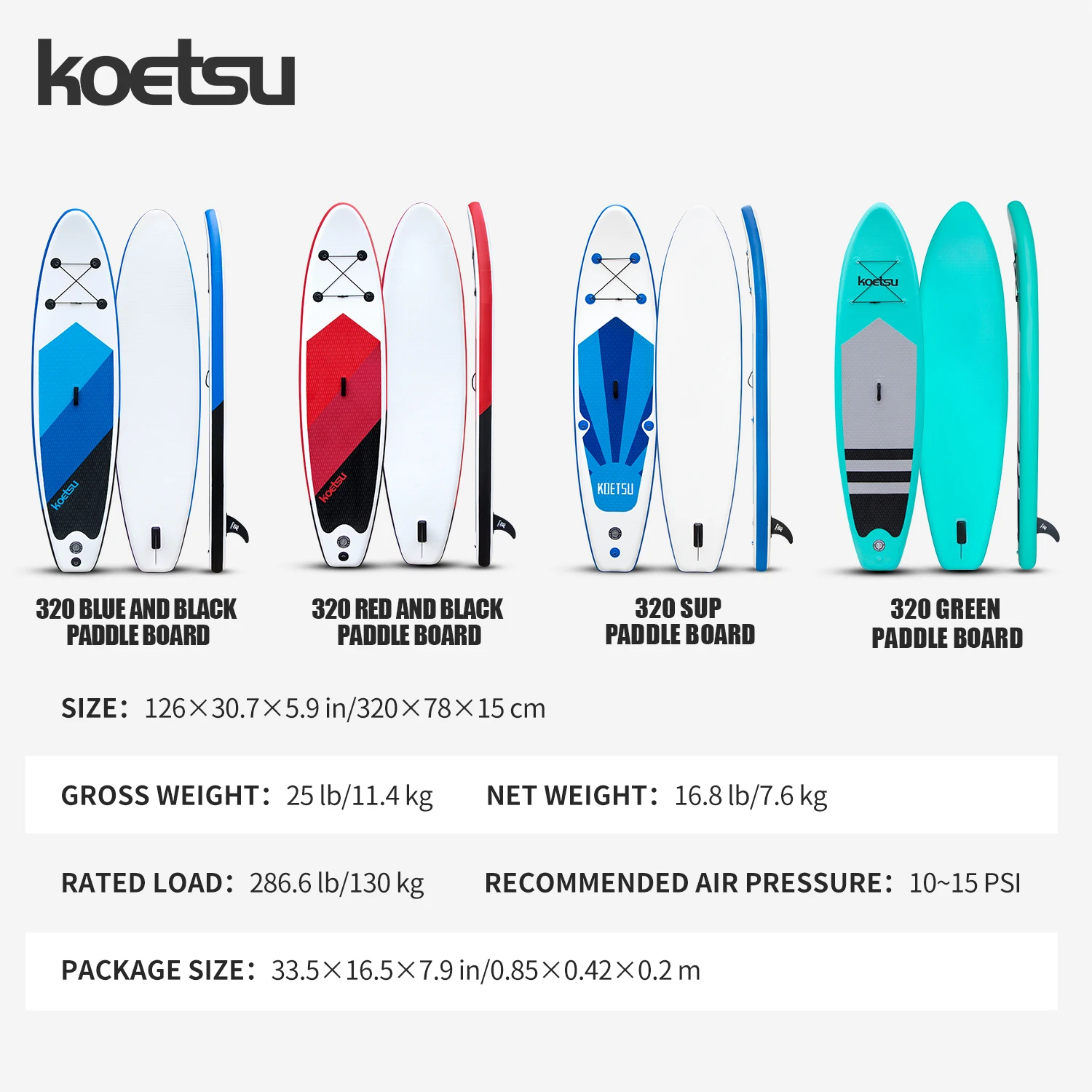 لوح مجداف قائم بطول 3.2 متر من KOETSU لوح مجداف سوب قابل للنفخ مثالي للرياضات الخارجية المائية وركوب الأمواج والمجداف والترفيه
