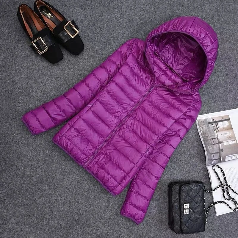 Lekka damska kurtka puchowa na jesień i zimę, dopasowany krój, płaszcz z kapturem, plus size, cienka odzież wierzchnia, na okres poza sezonem.