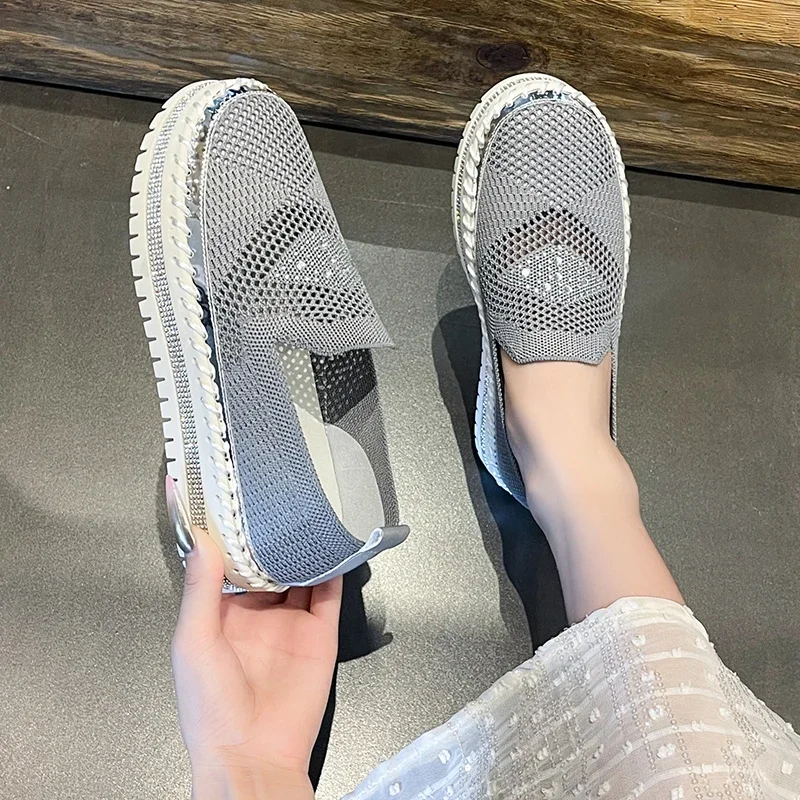 موضة الماس مزين حذاء مسطح المرأة 2025 جديد الخريف جوفاء تنفس منصة عادية أحذية بكعب منخفض Zapatillas #3