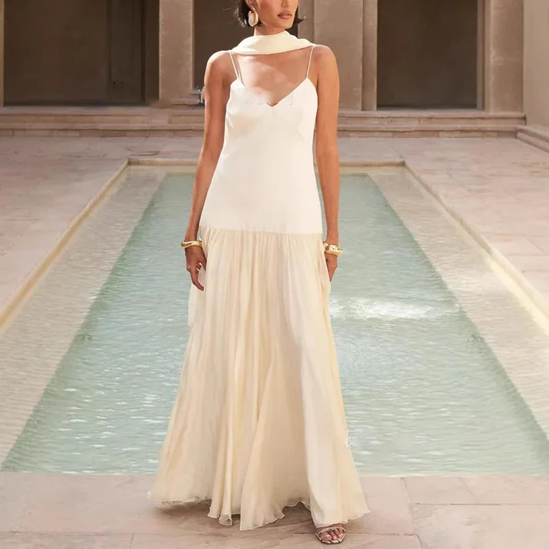 

Elegant Ribbon Sleeveless Women Suspender Dress Sexy Backless Hollow Pleated Dress Summer Casual Solid Color V-neck Party Dress