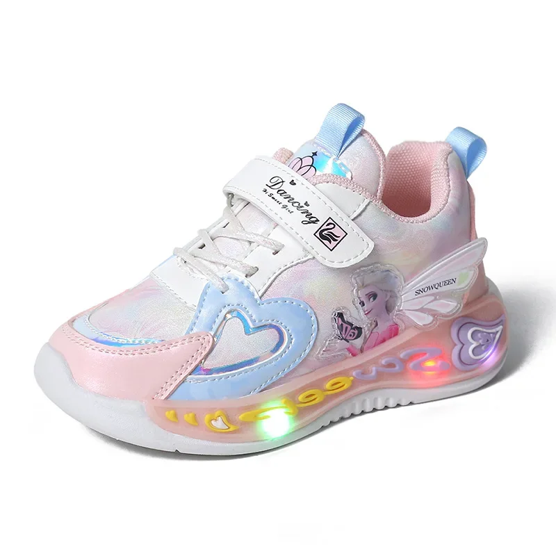 Disney frozen girls shoes primavera e autunno elsa princess scarpe luminose per bambini traspirante casual suola morbida traspirante