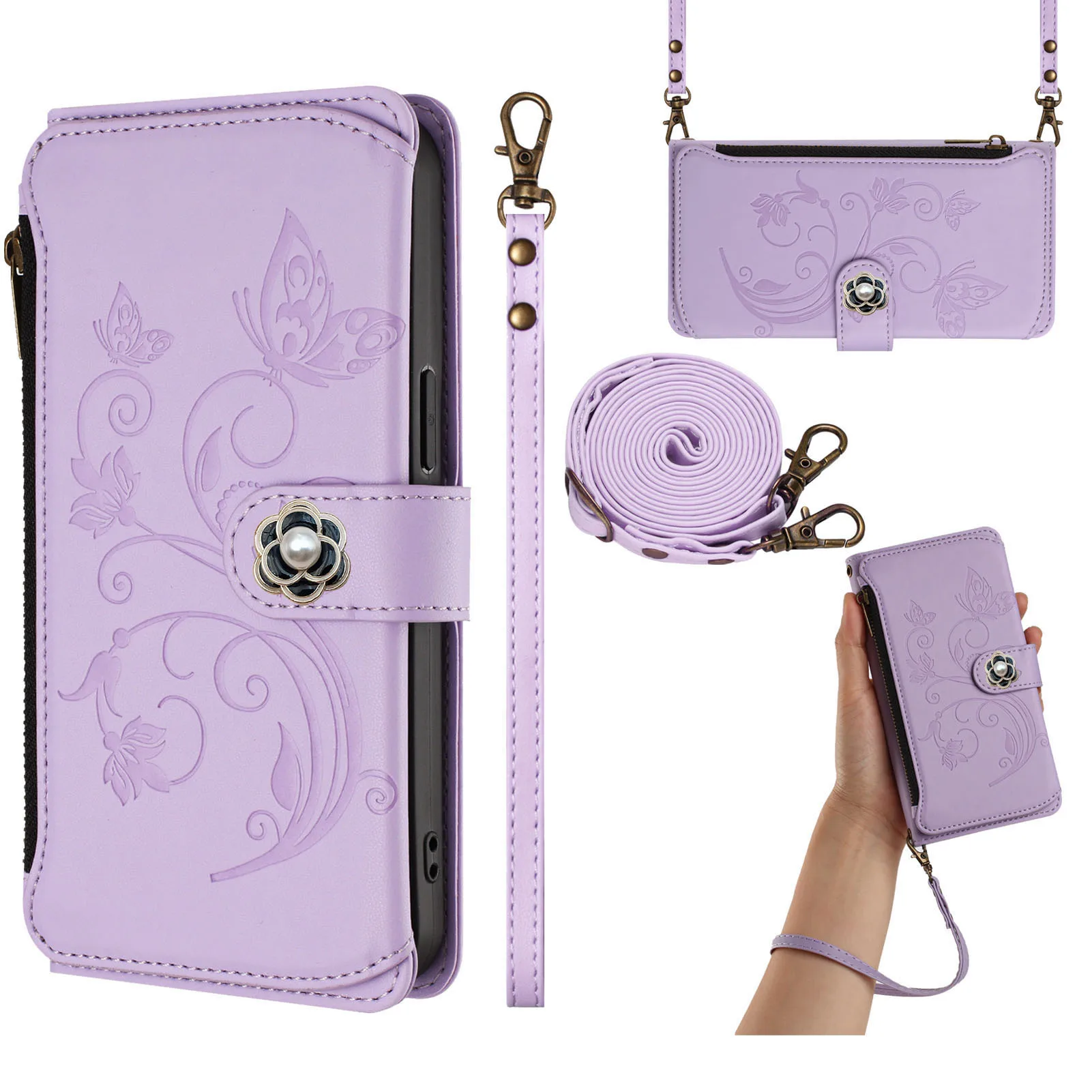 

Чехол-кошелек на молнии через плечо для Motorola Moto G73 G53 G23 G82 G72 G62 G52 G42 G32 G71 G51 G41 Кожаный чехол Camellia с 5 картами