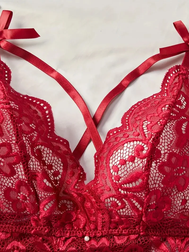 Passionate Red Lace Bra Sets Seductive Sexy Lingerie Crotchless Panties And Bra Set Irresistible Romance See-Through Underwear