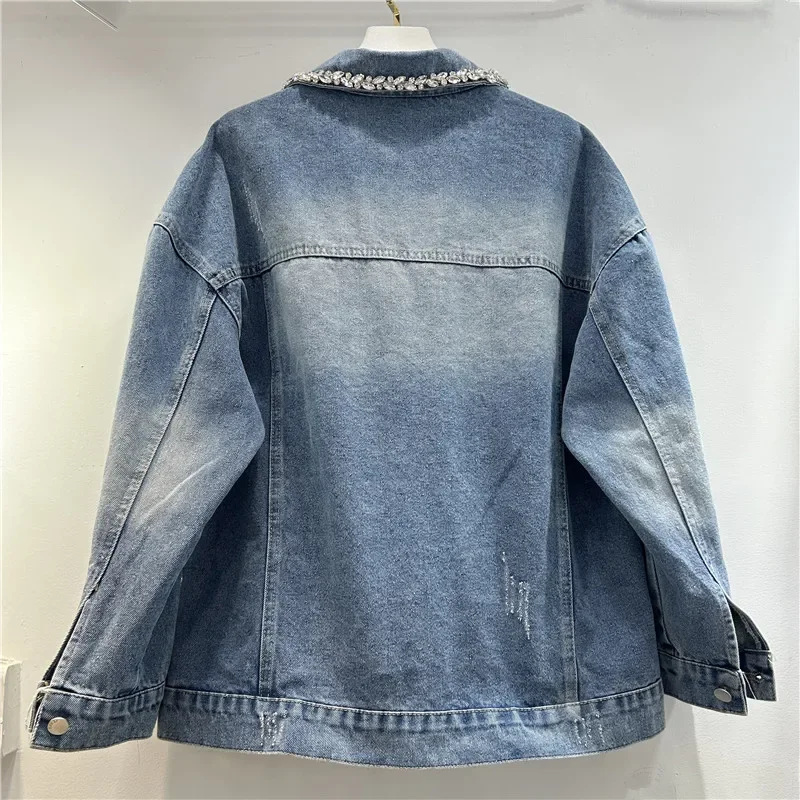 

Spring Women Heavy Work Diamond Denim Jacket Loose Casual Streetwear Frayed Burrs Lapel Long Sleeve Female Blue Jeans Jacket