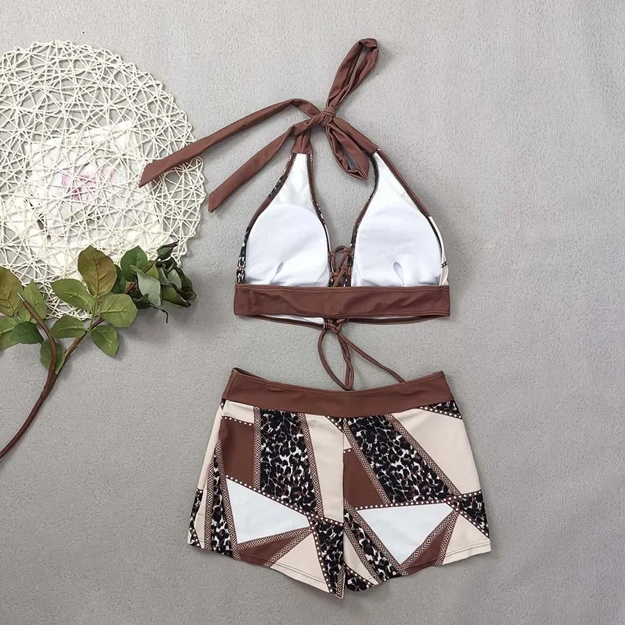 sexy bruine luipaardprint bikini's shorts sets twee stukken bandage halter badpakken beachwear badpak badmode biquini tankini