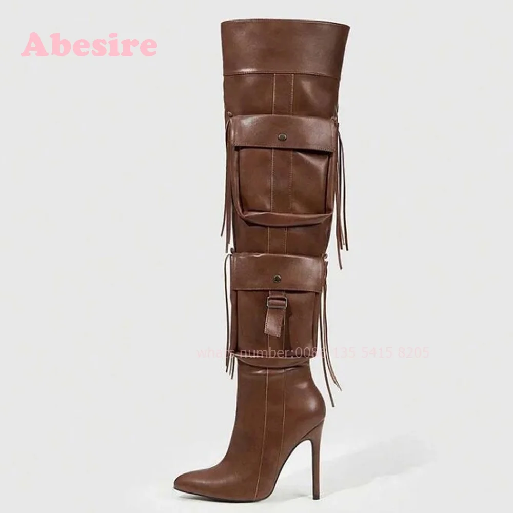 Pointed Toe Stiletto Fringe Pocket Thigh High Boots In Brown Tassel Thin Heel Women's Long Boots Winter Solid Leather Winter