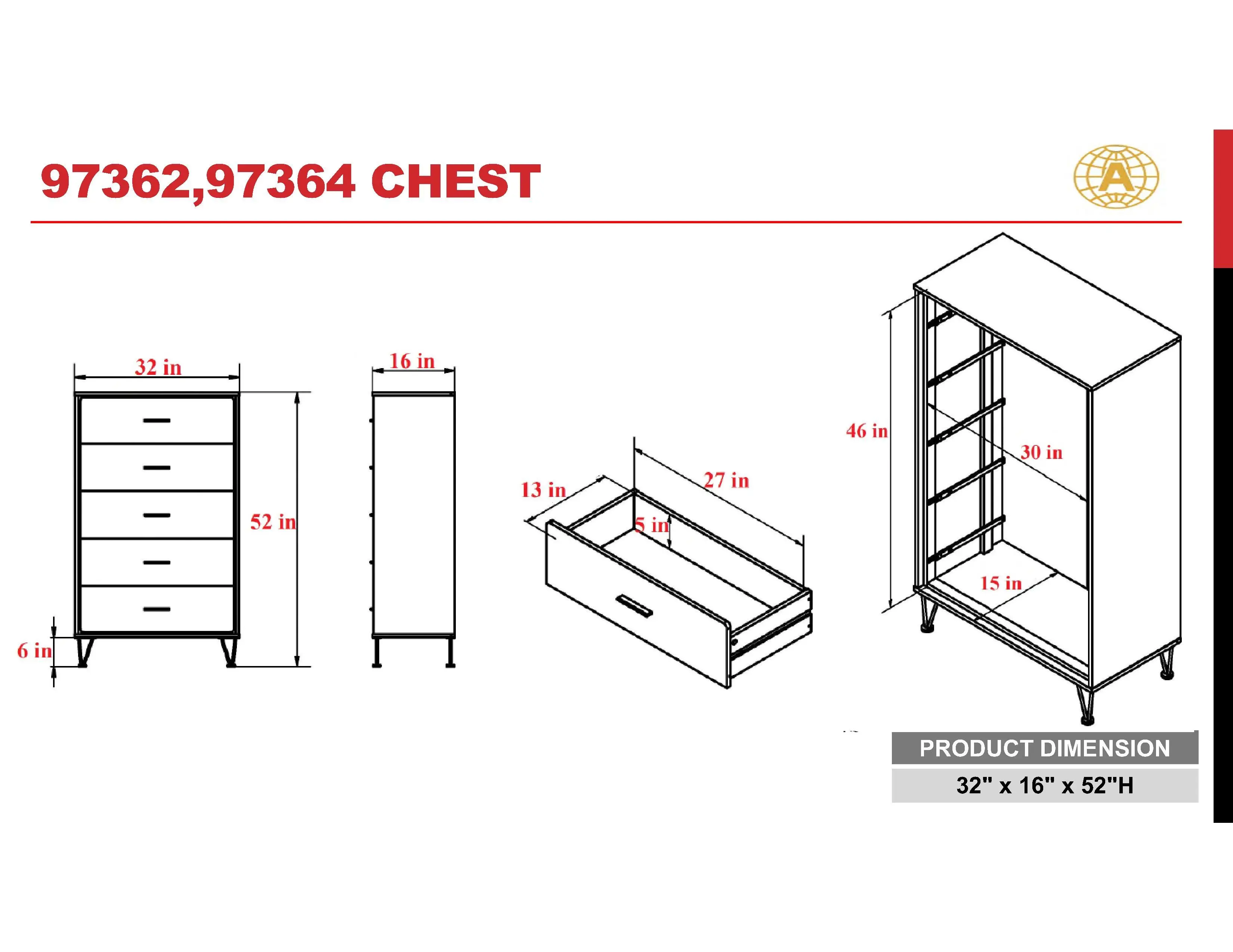 5 Drawer Cabinet Dresser Chest Wardrobe in White/Walnut with Metal Handles & Legs[US-W]