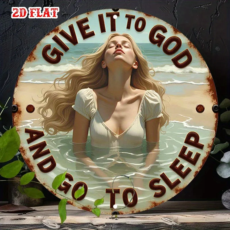 Décoration murale en métal 2D plate, 1 pièce, style vintage 'Beach Bliss' - Panneau d'inspiration religieuse côtière rustique avec la phrase 'Donnez-le à Dieu et allez dormir'