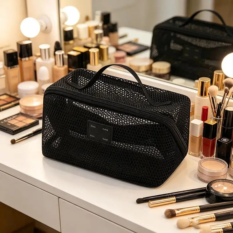 Large Capacity Mesh Handheld Makeup Bag Zipper Multi-layer Transparent Mesh Cosmetic Bag Organizer Case Square Toiletry Bag
