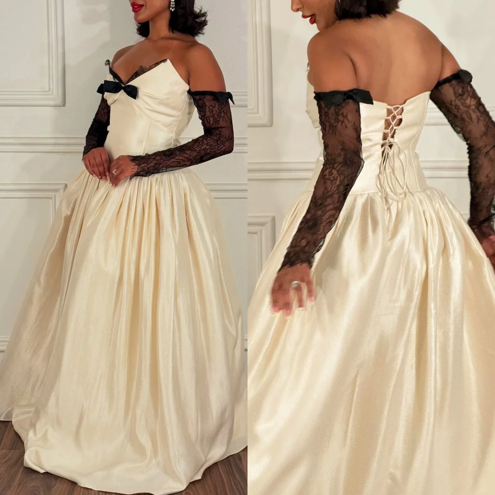 

Customized Charmeuse Lace Bow Off-the-shoulder A-line Long Dresses Bespoke Occasion Prom Party Elegant Evening Charming