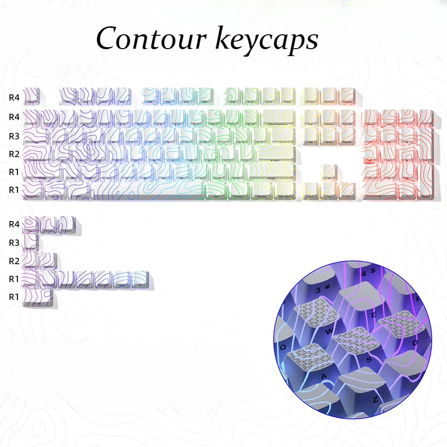 كفاف Keycap الخط الأبيض كيكابس Rgb شفافة كيكابس شخصية الجانب محفورة Imd Keycap 118/61 مفاتيح ماتي الملمس كيكابس