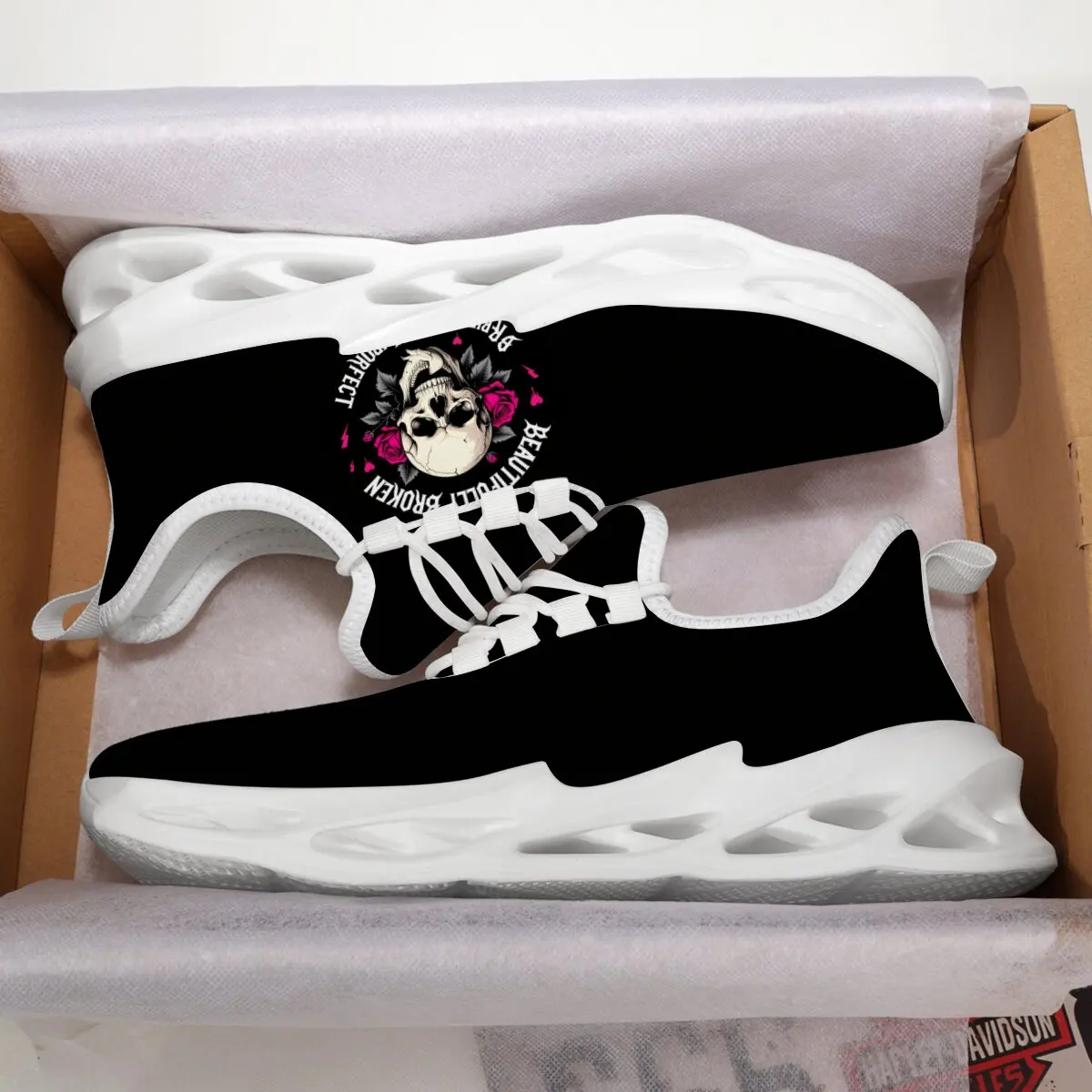 أحذية نسائية على شكل جمجمة مع ورود مكسورة بشكل جميل وغير مثالية وخفيفة الوزن للرجال للجري والمشي حذاء رياضي كاجوال #2