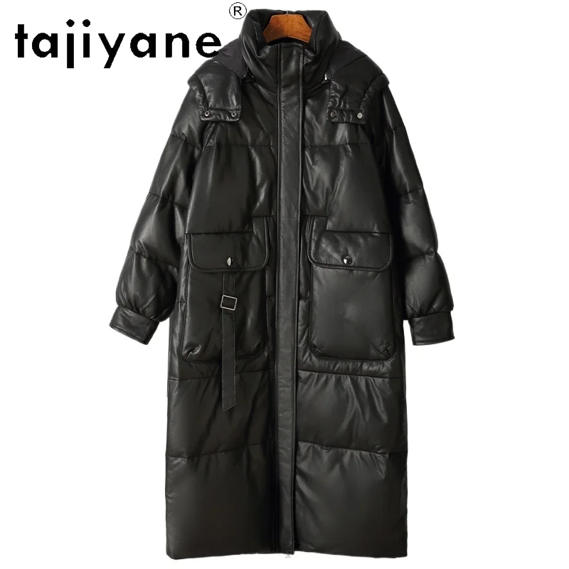 TAJIYANE 100% piumino d'oca in pelle di pecora a grana superiore con cappuccio nero lungo piumino in vera pelle donna 2025 abiti invernali و