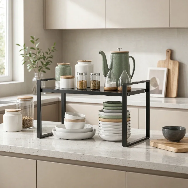 Expandable Kitchen Countertop Storage Rack Layered Shelves Rustproof Organizer for Bowls Seasonings Cabinet Daily Use 주방 수납 선반