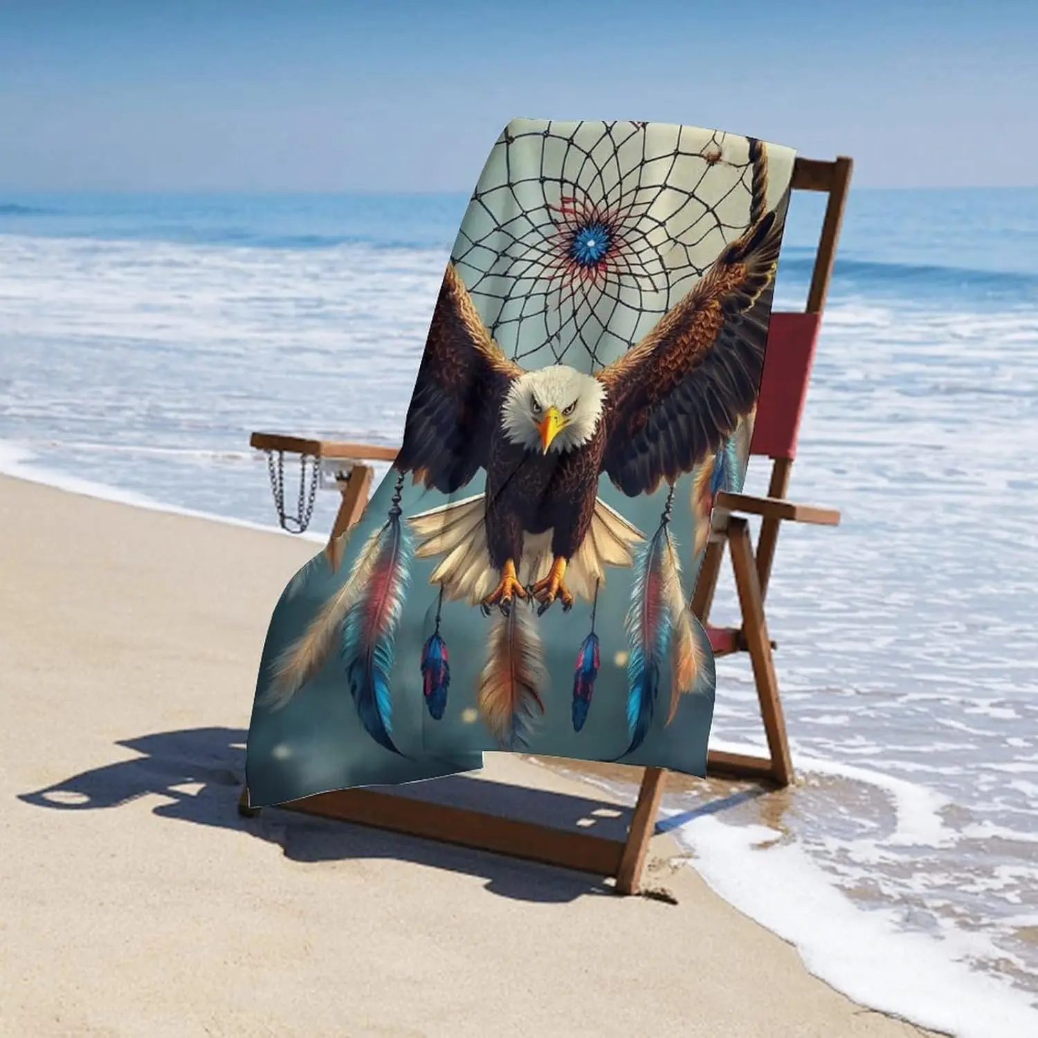 Sided Velvet Bath Towel, Home Travel Fashion Beach Bath Towel for Travel Bathroom Boho Totem Native American Eagle Dream Catcher