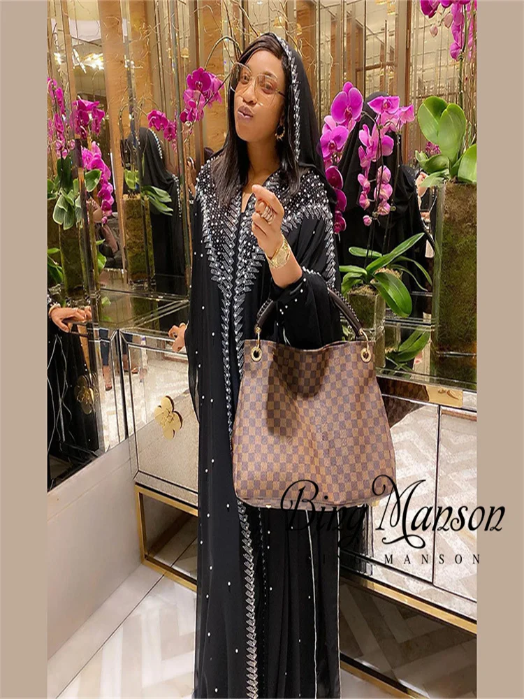 

Summer Chiffon African Abaya Dress Water Diamond Hooded Muslim Cloak Women's Maxi Dress Dubai Open Abaya Large Formal Dress