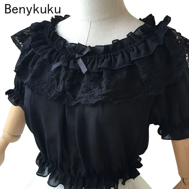 Womens Chiffon Crop Top Short Sleeve Blouse with Lace Detailing Puff Sleeve Lace Ruffles Lolita Blouse Summer Tops Tee Shirt