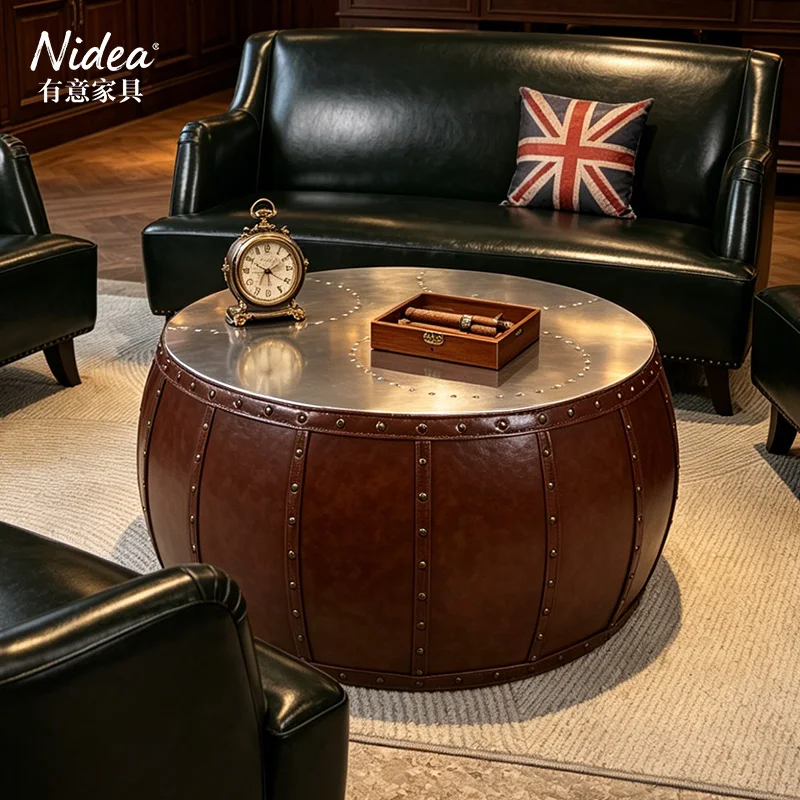 Industrial Aviator Aluminum Coffee Table Round Leather Upholstered Drum Center Table Riveted Metal Top Retro Living Room
