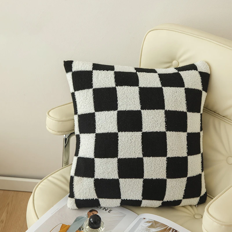 Checkerboard Plaid Plush Cushion Cover Knitted Car Sofa Throw Pillow Cover  Short Fleece Pillowcase Cushion for Sofa Bed Decor