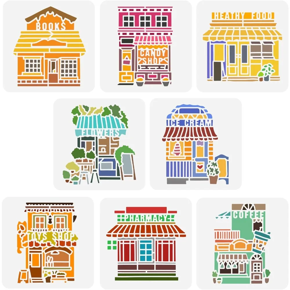 8PCS House Stencils Street Shop Stencil 5.9x5.9 inch Plastic PET Bookstore Candy  Toys Shop Stencil Flower Shop Ice Cream