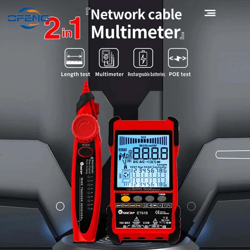 เครื่องทดสอบสายเคเบิลเครือข่ายแบบ ET618 ET616พร้อมหน้าจอ LCD อนาล็อกการค้นหาแบบดิจิทัลสายทดสอบ POE ทดสอบความยาวการจับคู่เครื่องทดสอบ Wiremap