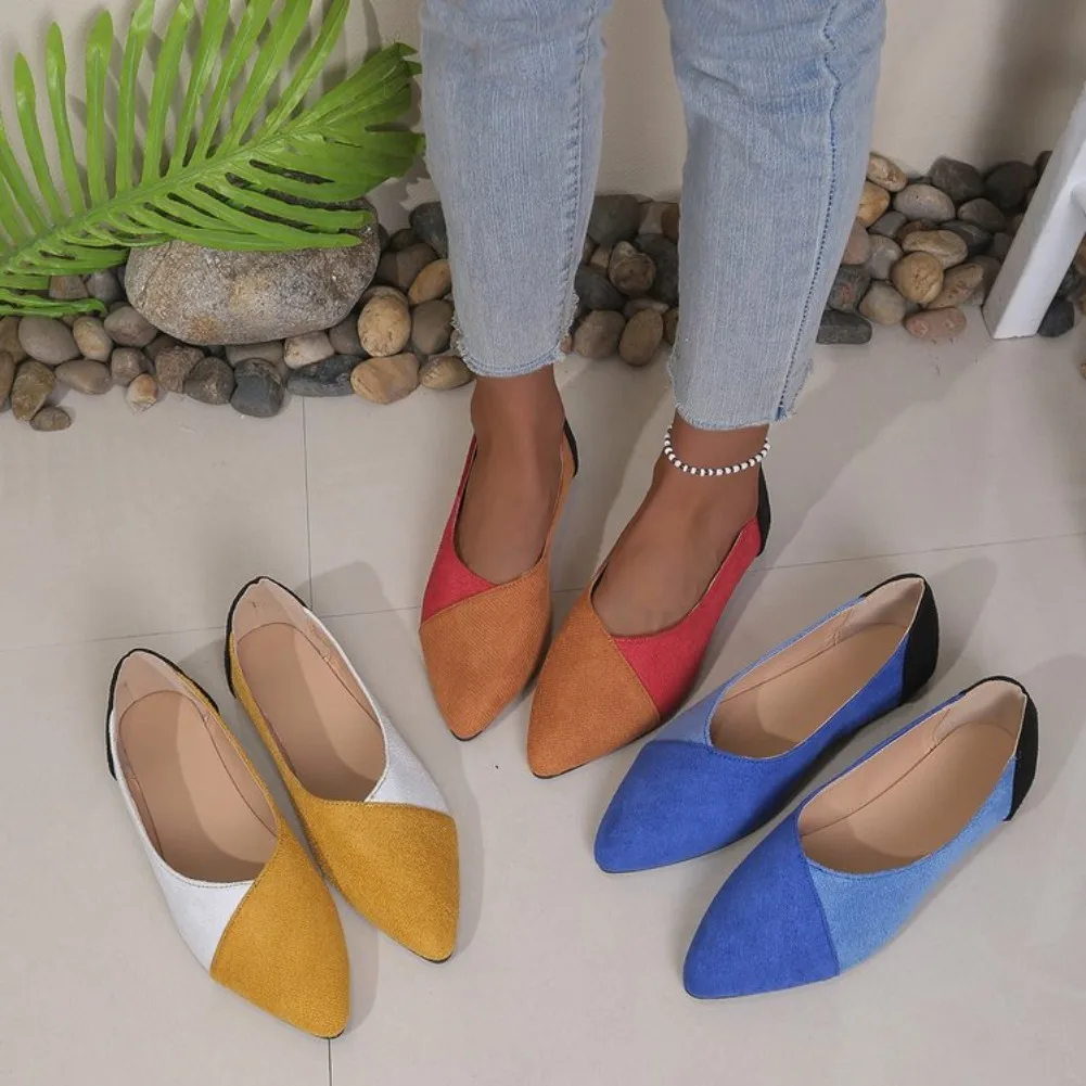 New Women Pointed Toe Suede Flats Color Block Low Heel Comfortable Office Casual Shoes Stylish Daily Footwear Sapatos Femininos