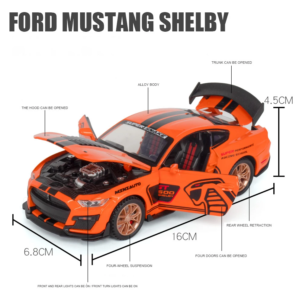 1:32 Ford Mustang Shelby GT500 Alloy Muscle Car Model Sound and Light Pull Back Children\'s Toy Collectibles Birthday gift