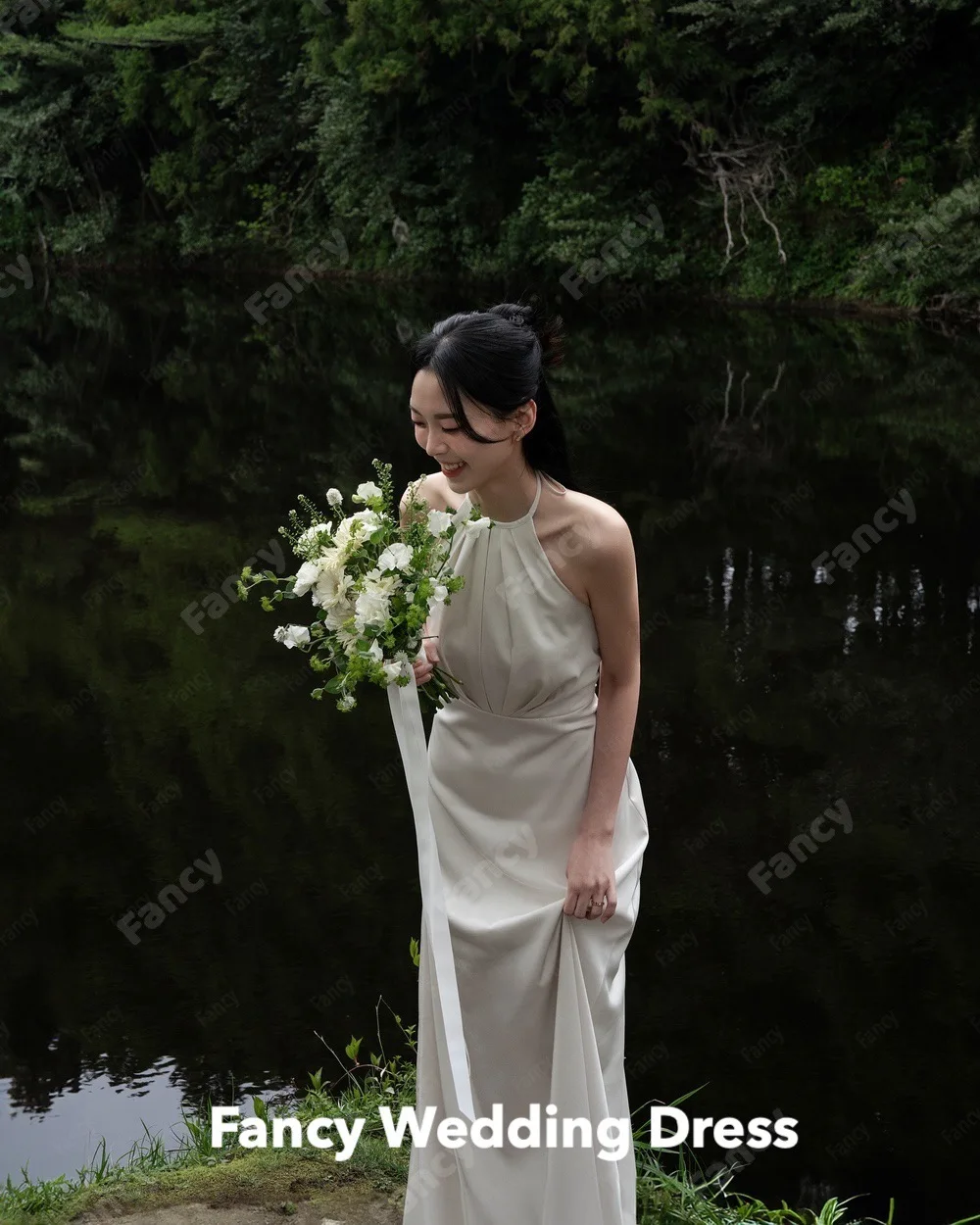 Chique Elegante Damesjurk A-Lijn Korea Trouwjurk Fotoshoot Halter Mouwloze Vloerlange Bruidsjurk Op Maat Gemaakt