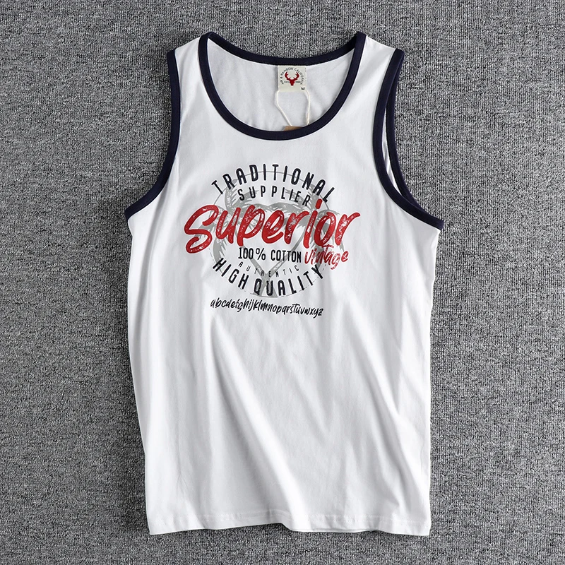 Summer New American Retro Sleeveless O-neck Letter Printed T-shirt Men\'s Fashion 100% Cotton Washed Old Casual Sports Vest Tops