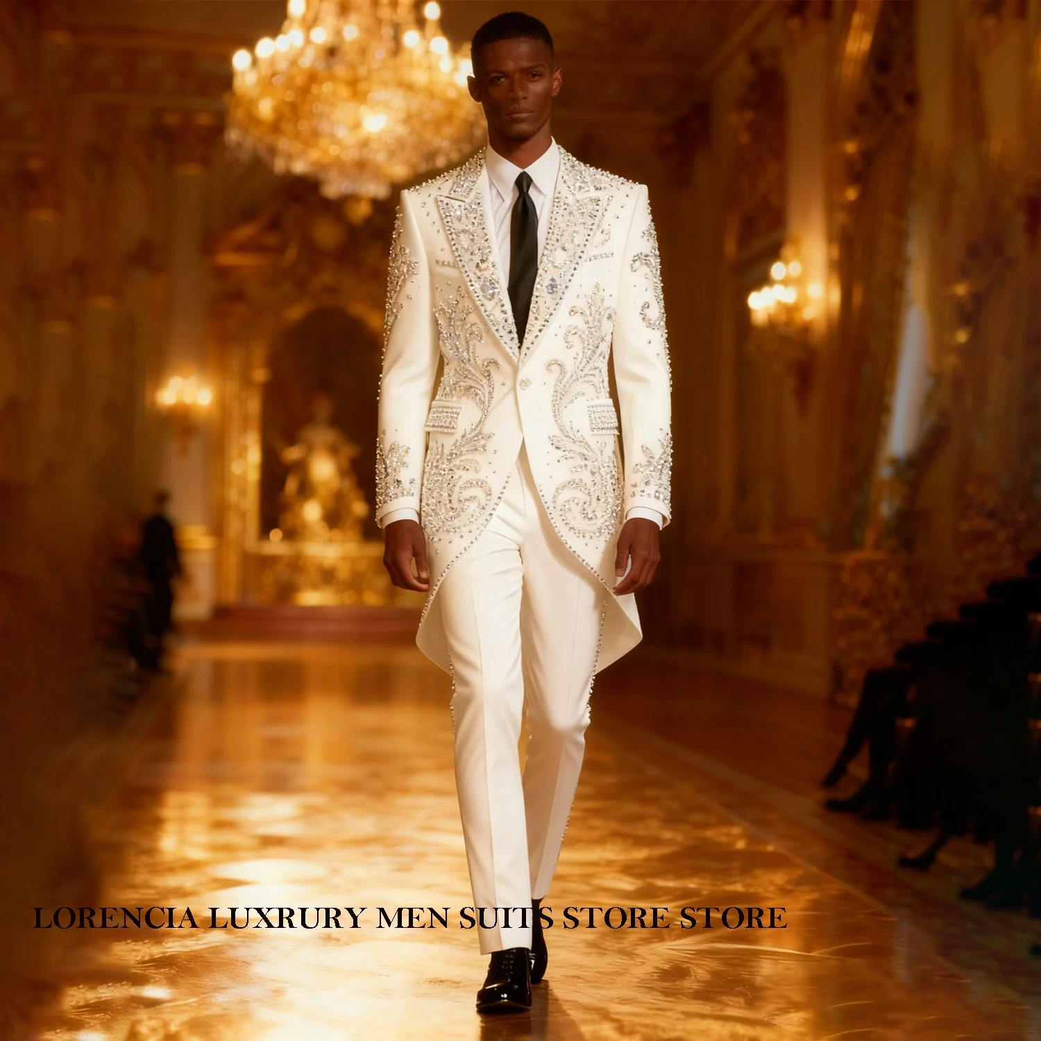 

Luxury Elegant Design Men Suits Groom Male Blazers 2 Piece Crystal Diamond Customized Wedding Party Slim Fit Tuxedos Ropa hombre