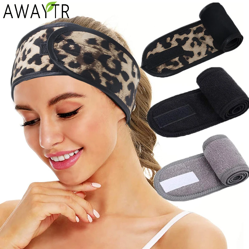 Solid Leopard Sport Terry Headband Adjustable Soft Velvet Yoga Headbands Hair Band Non-Slip Wash Face Makeup Magic Tape Hairband