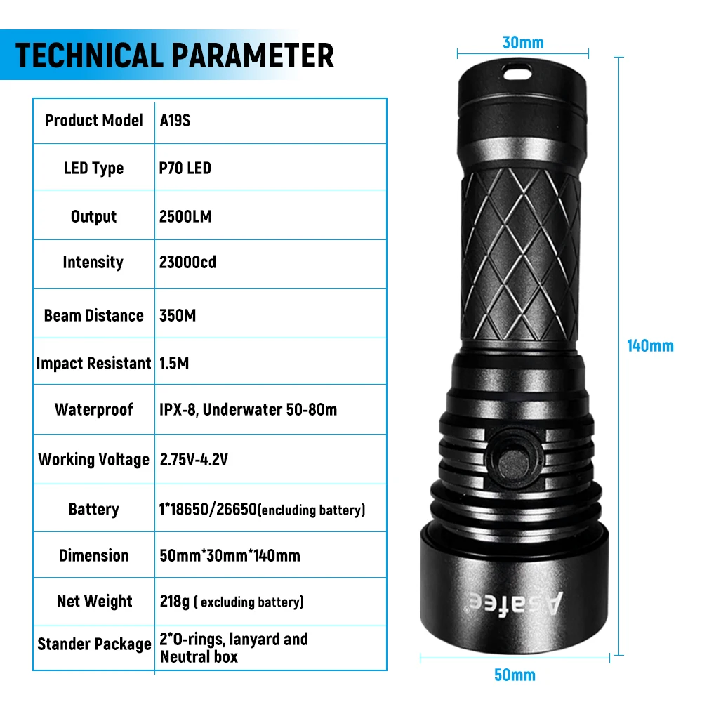 Asafee A19S 80M Underwater Powerful Bright P70 Diving Flashlight IPX8 Dive Lamp Waterproof 2500LM Diver Lanterna Lamp