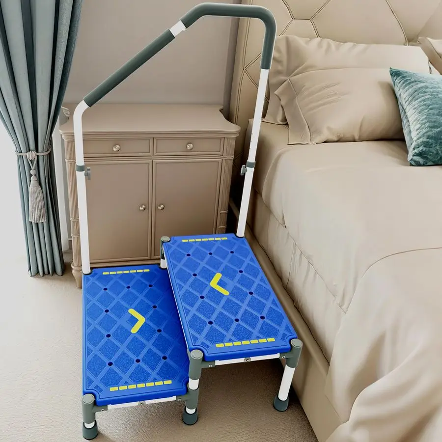 

Длинный табурет-ступенька с ручкой для пожилых людей 22 дюйма, сверхпрочный 2-ступенчатый табурет с регулируемыми поручнями для высоких кроватей, нескользящий пла