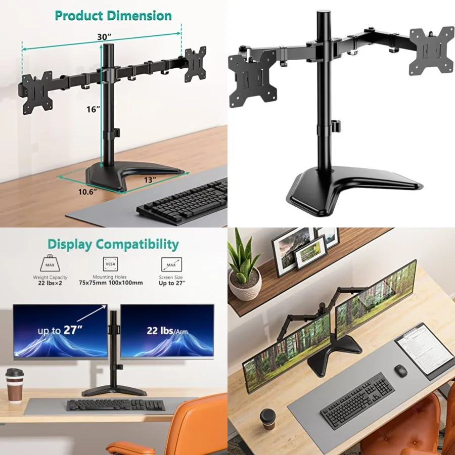 Dual Monitor Stand for Desk, Monitor Stands for 2 Monitors up to 27 inch, Dual Monitors Mount Fits up to 22lbs, Free Standing Full Motion Dual Monitors Arm for Desk (MF002), Black