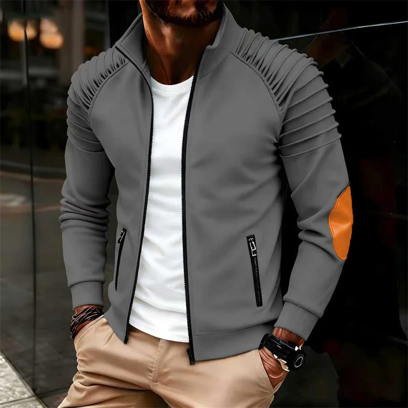 Men's high-neck zip-up casual bomber jacket with side pockets, solid color, pleated design, autumn/winter everyday outerwear.