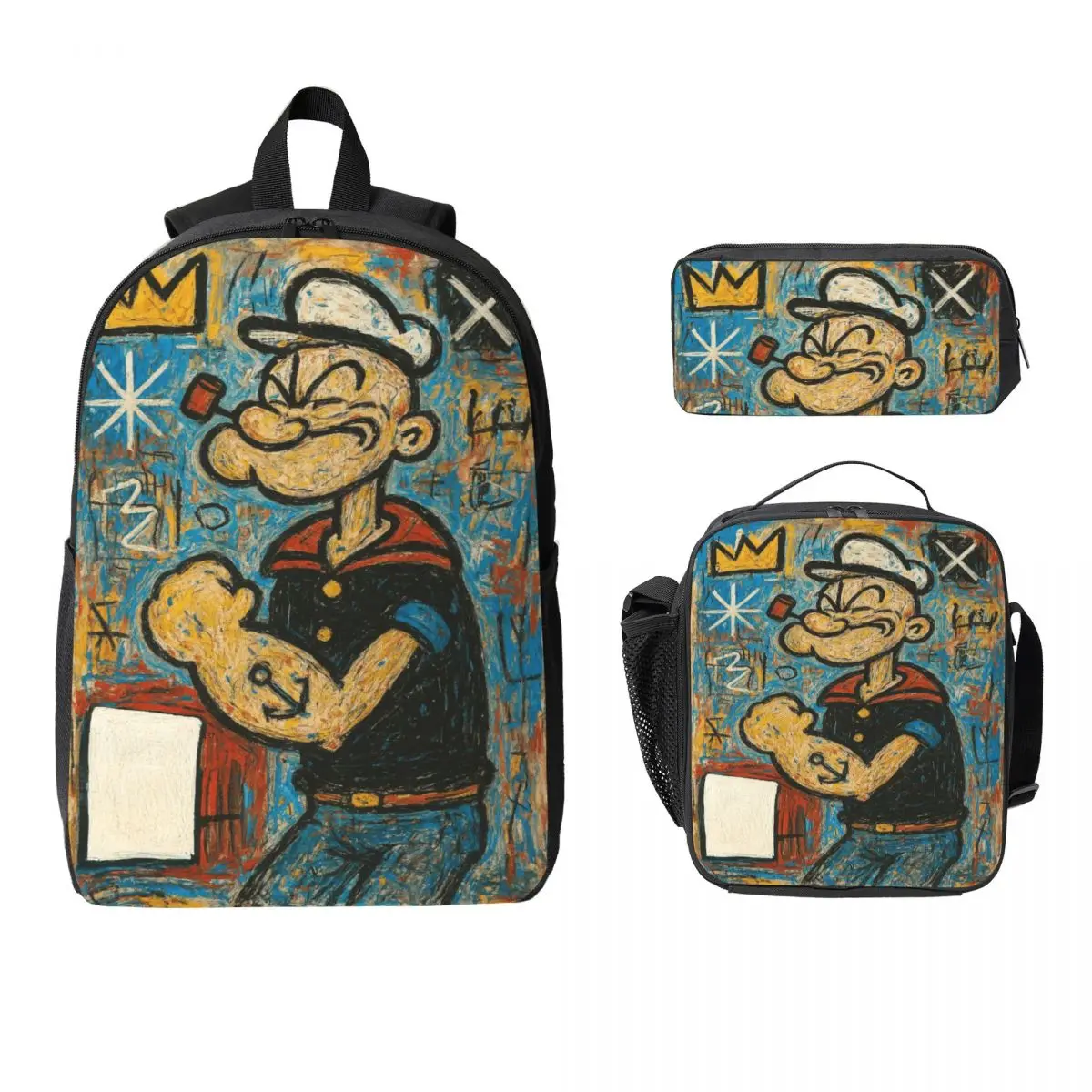 3Pcs P-popeyes Backpack Set for Boy Girl Pencil Boxes Bookbag Sets with Lunch Box For School Students Daypack