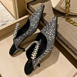 Rhinestone Luxury Sandals Women Pointed Toe High Heels Flip-flops Female Shiny Designer Slipper Women Fashion Mule Pumps Women