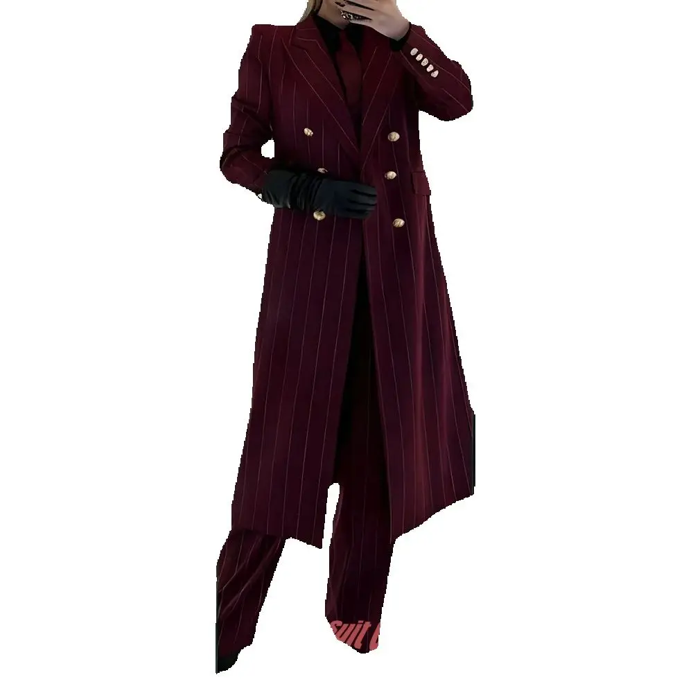 بورجوندي المرأة الدعاوى مقلمة مزدوجة الصدر بلغت ذروتها التلبيب معطف طويل + فستان أطفال مع سروال داخلي أنيق مكتب رسمي مساء حفلة الزي #2