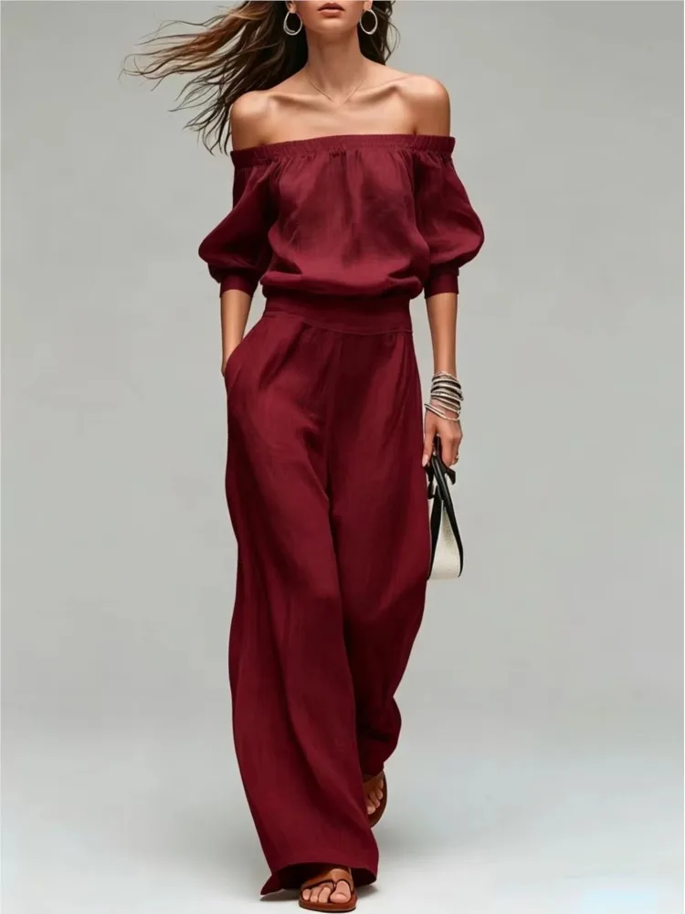 Summer New One-shoulder Waist Top + Wide-leg Pants Set Elegant And Fashionable Solid Color Casual Holiday Party 2-piece Set - view 5
