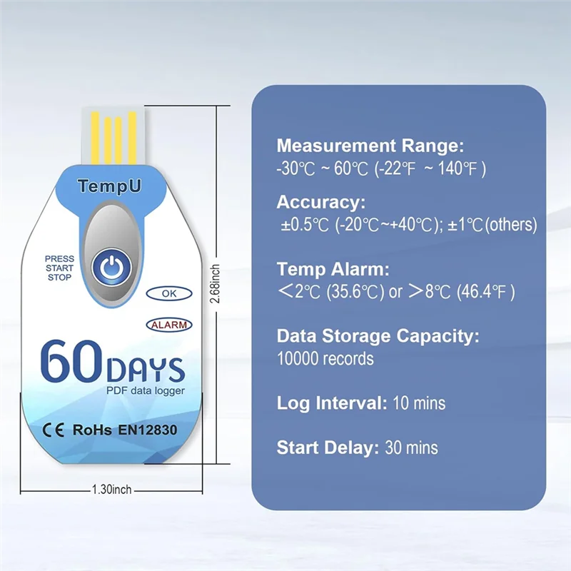 A60F-Temperature Data Logger USB Disposable PDF Temp Recorder Thermometer Logger Tempu02 60 Days For Cold Chain