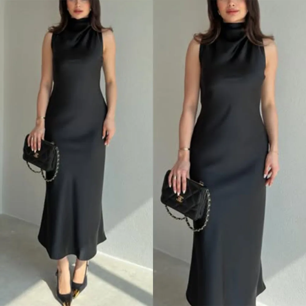

High Quality Customized High Collar Black Long Dresses Ankle Length Sleeveless Robe Pour Mariage Invité Vestido De Noiva فستان