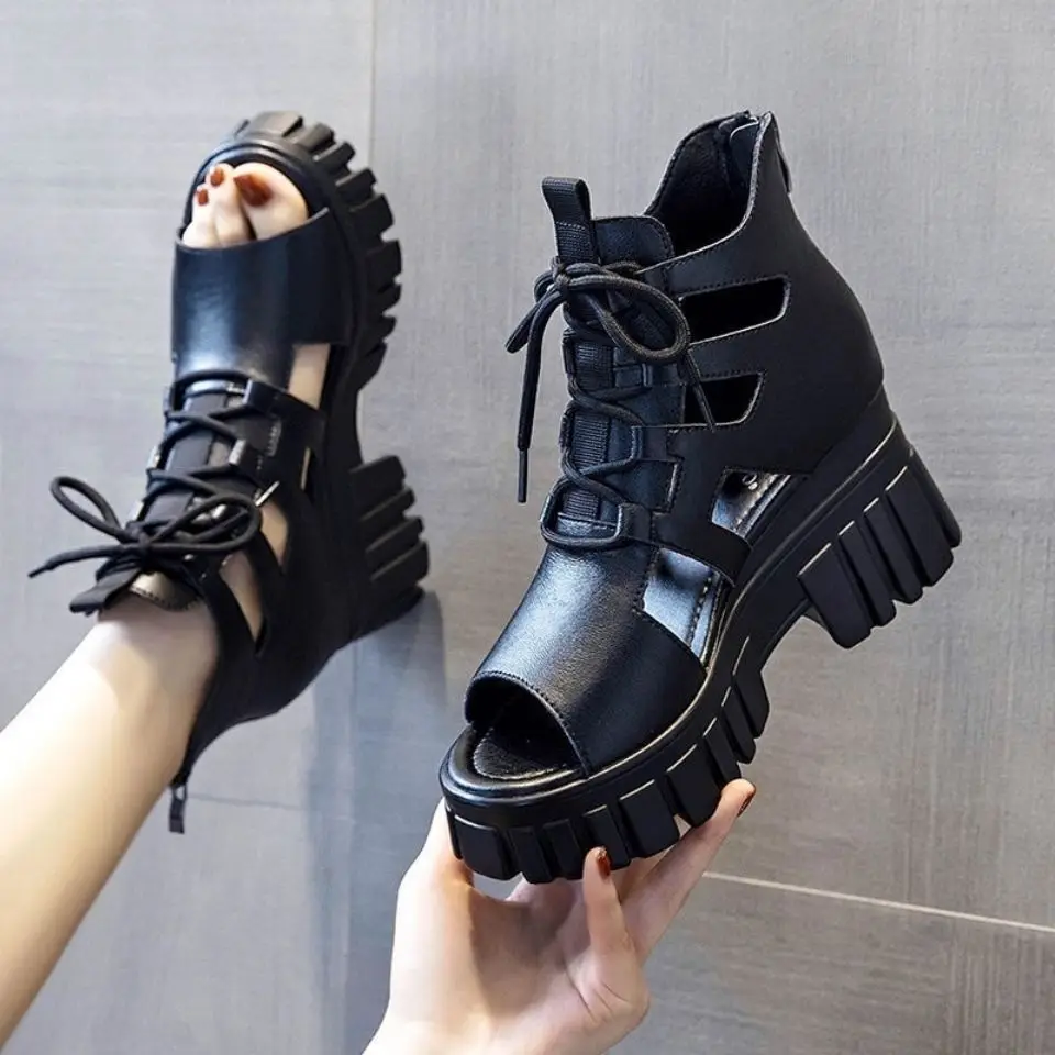 

2023 Summer Hollowed-out Breathable Thin Roman Sandals Women New All-match High-heeled Platform Sandals Wedge Platform Shoes