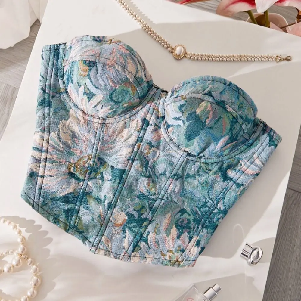 Boned Floral Underwired Corset Multi-Color Abdominal Shaping Women's Shapewear Off-shoulder Jacquard Strapless Corset Top