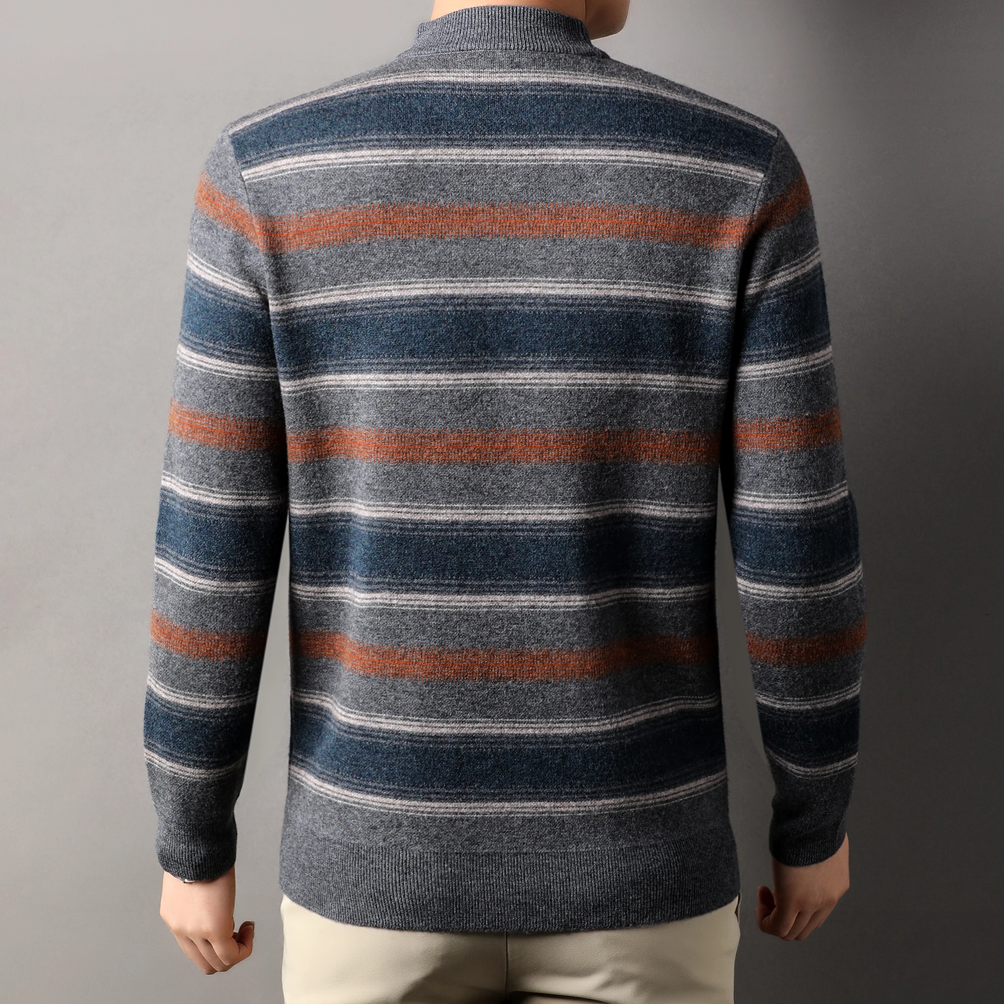 メンズ長袖カシミヤセーター,厚手のワイドストライプセーター,暖かいジャンプスーツ,100% シープウールニット