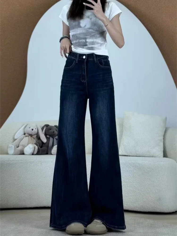 

American Style Vintage Fleece Lined Flared Jeans Women High Waist Wide Leg Pants Loose Slimming Casual Denim Jeans