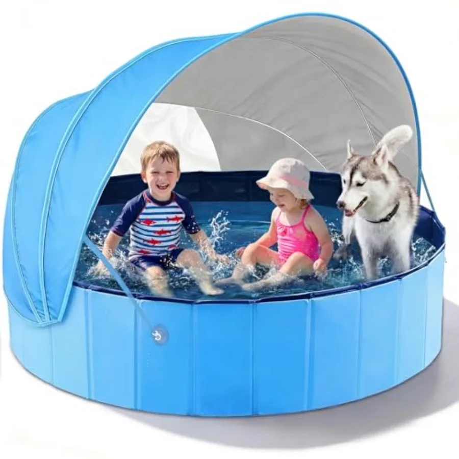 Kiddie Baby Pool with Canopy - Foldable Infant Toddler Pool in Blue, UV-Protective Shade Canopy, Lightweight PVC Material for B