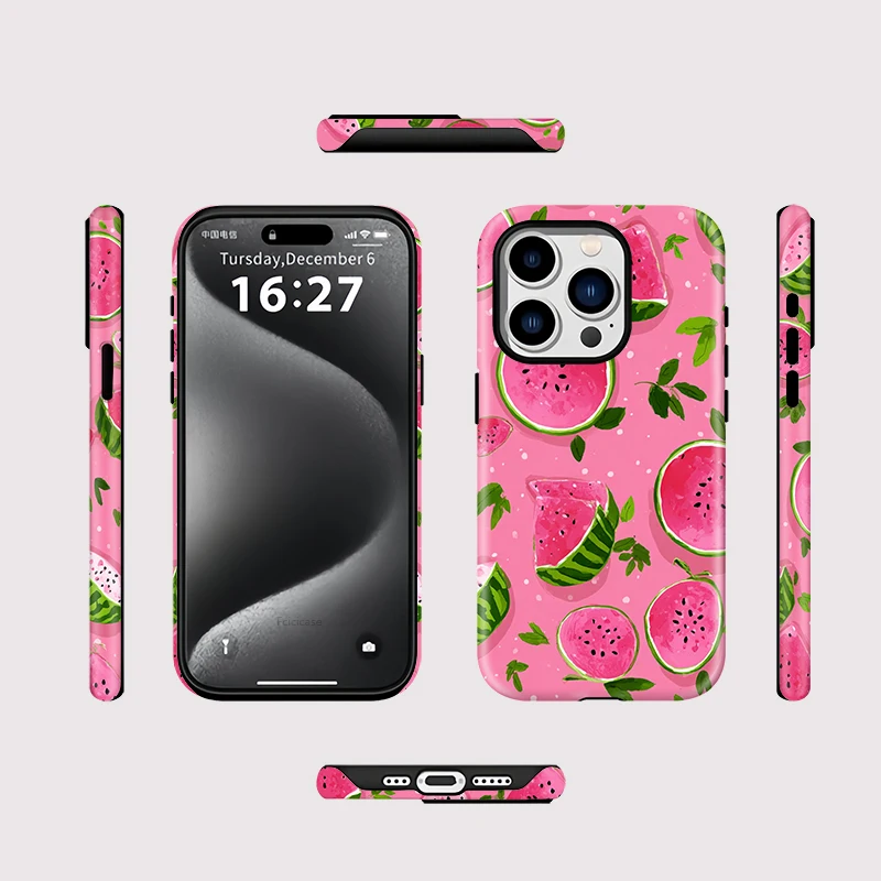 Fcicicase Wireless Charge Magnetic für Magsafe Hülle für iPhone 16 Plus 15 14 13 Pro Max 12 11 Doppelschichtige Wassermelonenabdeckung