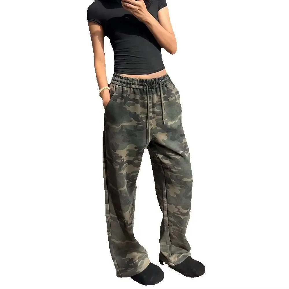 Men's Women's Vintage Camo Joggers Wide Leg Quick Dry Sports Pants with Curved Knife Cut Design